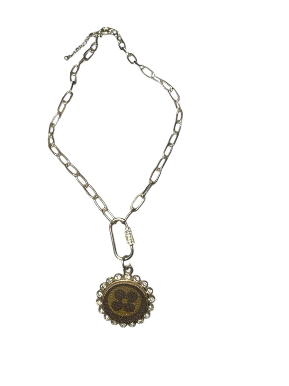 Silver Chain Necklace with Brown Floral Pendant with Clear Crystals